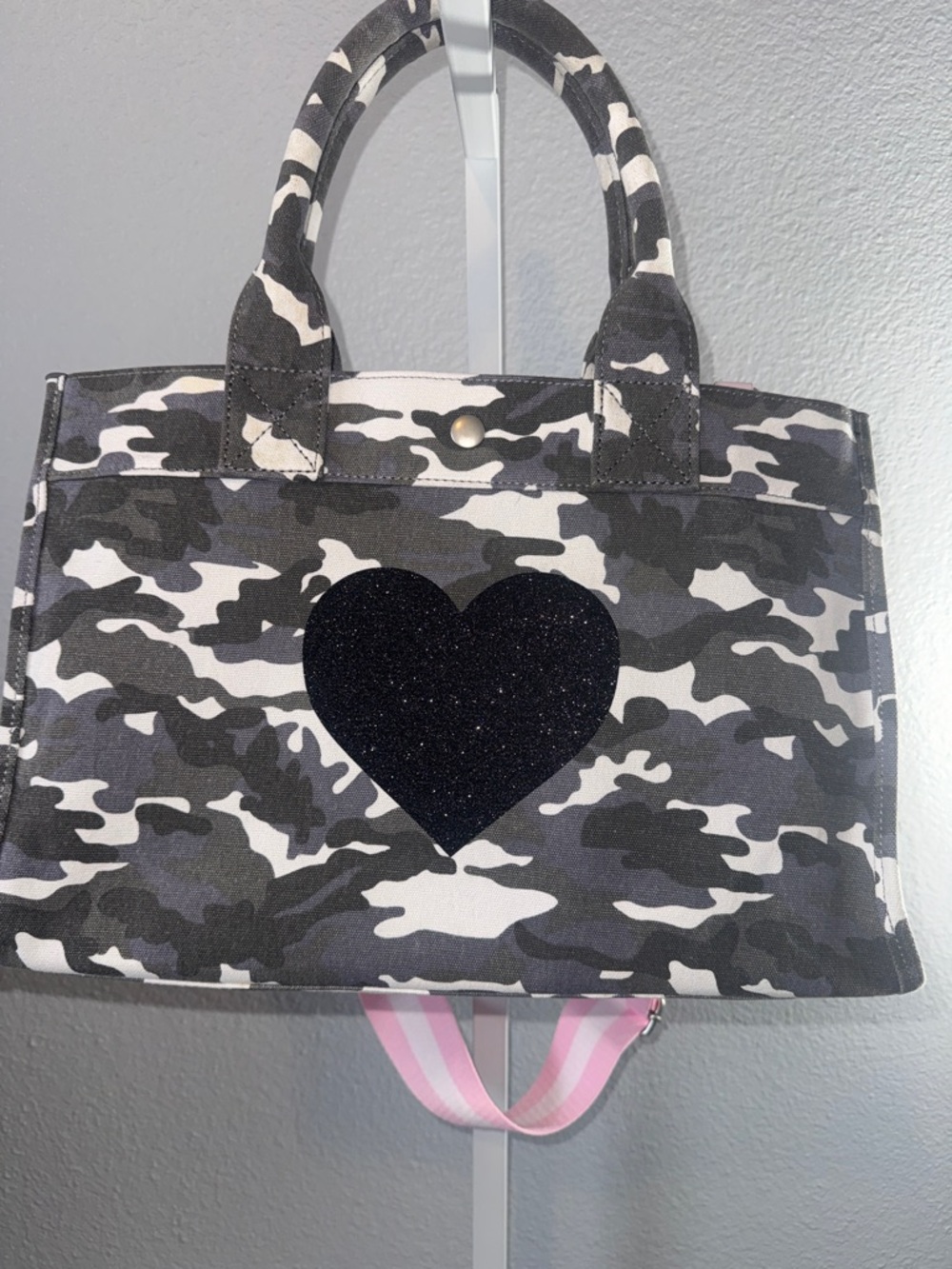 Quilted Koala Gray Camo Tote-Crossbody with Glitter Heart, and Pink Crossbody